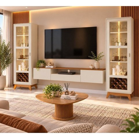 Conjunto Sala de Estar Painel David, Cristaleira Mirage, Centro Prime