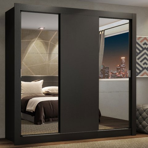 Guarda-Roupa Casal Madesa Lyon Plus 3 Portas de Correr com Espelhos 4 Gavetas Preto Cor:Preto