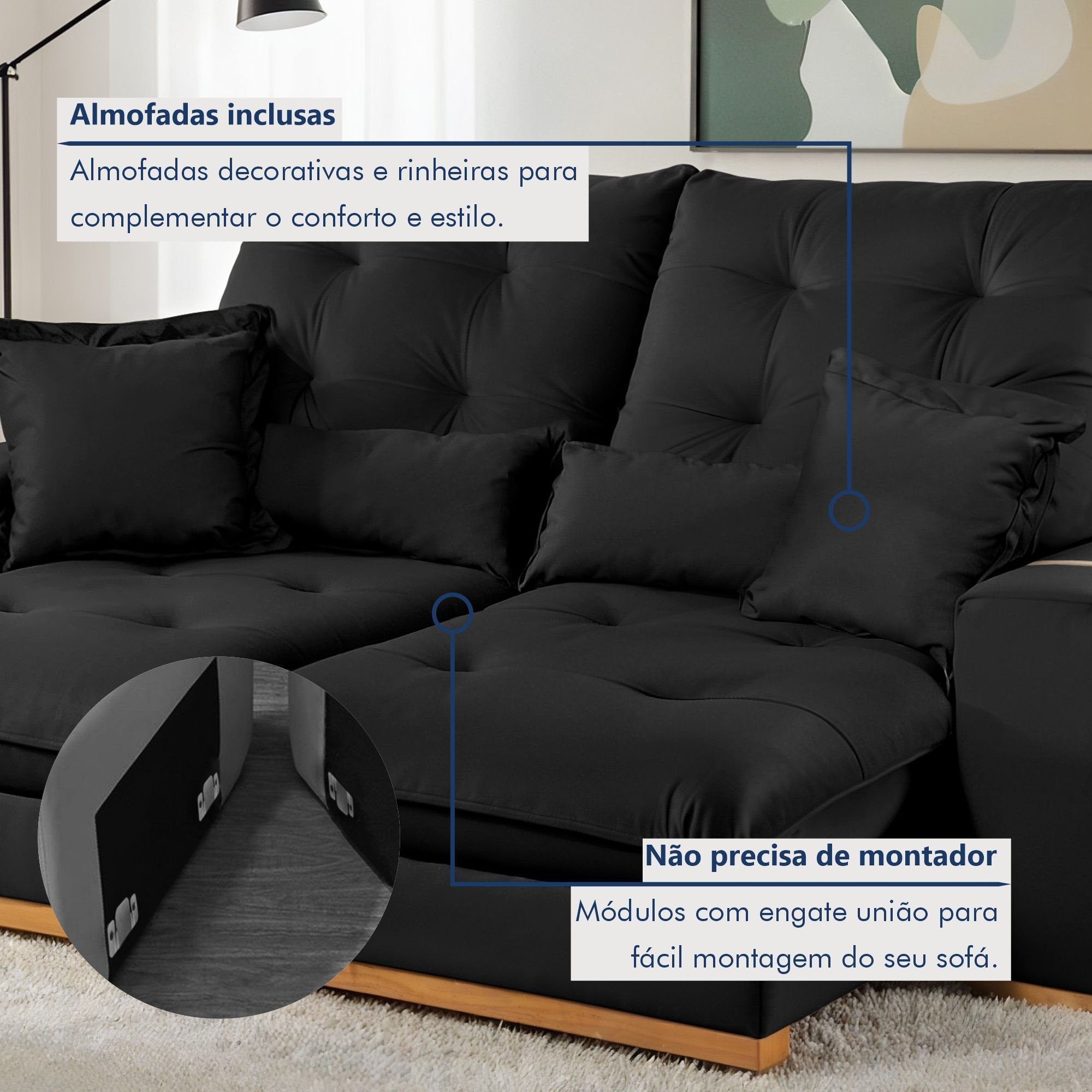 Sofá Retrátil e Reclinável 3 Lugares Veludo Kioto 230cm Preto