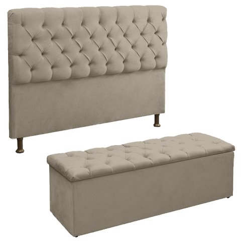Kit Cabeceira e Recamier Sapateira Lana para Cama Box Casal 140 Cm - Sv Decor:bege