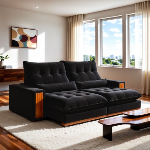 Sofá Retrátil e Reclinável 3 Lugares Veludo Ripado Santorini 210cm Preto