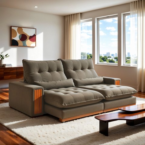 Sofá Retrátil e Reclinável 4 Lugares Ripado Veludo Santorini 250cm Bege