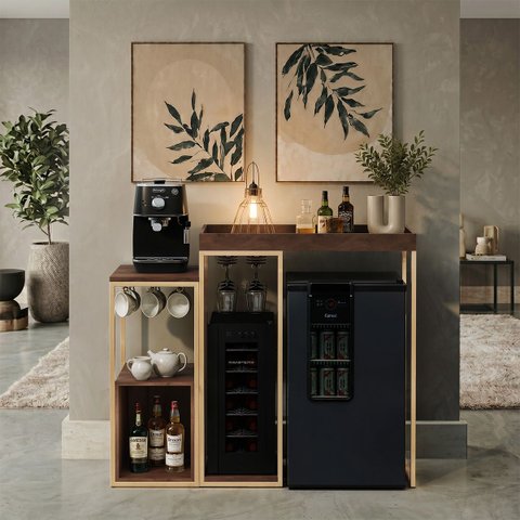 Aparador para Adega, Cervejeira, Frigobar com Cantinho do Café Alba Metal Dourado MDF Cacau Grann