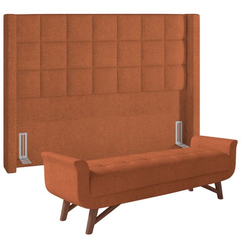 Kit Cabeceira Cama Box Paris 140 Cm com Puff Recamier Itália P05 Bouclê Terracota - Lyam Decor Paris