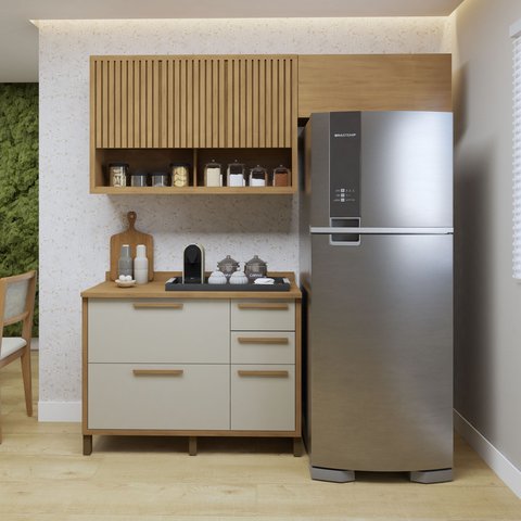 Cozinha Completa Modulada 3 Peças 7 Portas 2 Gavetas Marrom/Cinamomo/Off White