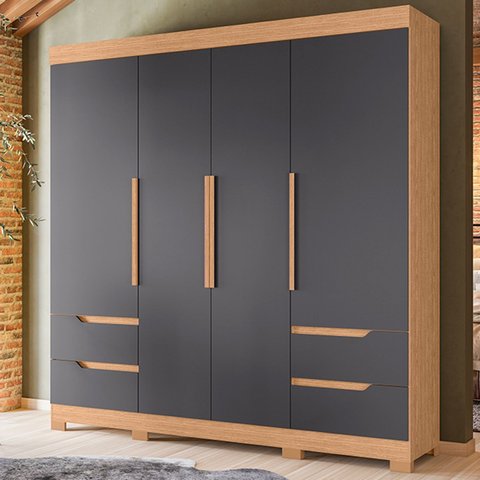 Guarda-Roupa Casal 4 Portas 4 Gavetas Doble Cinza/Freijó/Titanium