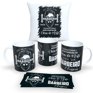 Kit com 1 Caneca de Porcelana e 1 Almofada Branca 30x30cm Personalizadas Profissões "barbeiro"