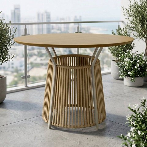 Mesa de Jantar Redonda 4 Lugares MDF Corda Náutica 120cm Troma Bege Dourado/Bege