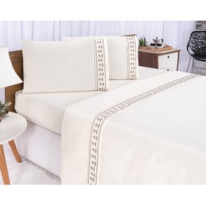Jogo Lençol Casal Queen 400 Fiosbordado Tulipa Palha 4 Peças