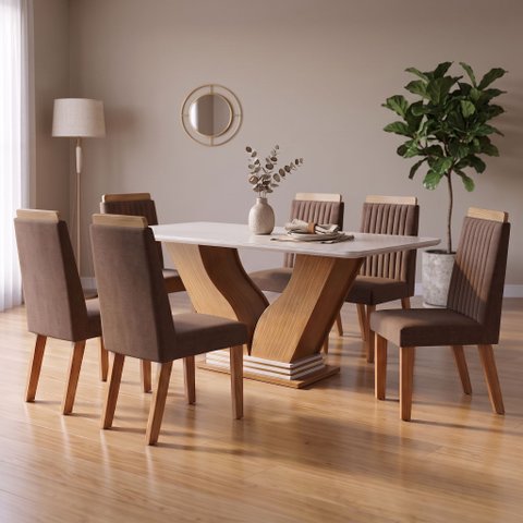 Sala de Jantar 6 Cadeiras Estofadas Riviera e Mesa com Tampo MDF e Vidro Safira Cinamomo/Off White