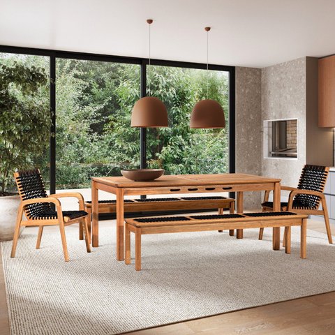 Conjunto 2 Bancos 2 Cadeiras 1 Mesa 180cm - Varanda Coberta/Área Gourmet Traço Preto/Stain Jatobá/Co