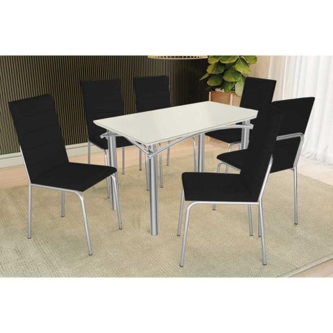 Sala de Jantar Completa Elba Tampo Madeirado C/ Vidro 120cm e 6 Cadeiras Amsterdã Cromada/off White
