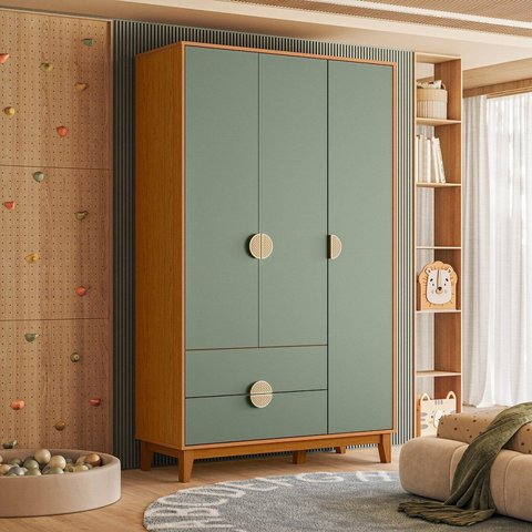 Guarda-Roupa Infantil 3 Portas e 2 Gavetas Kid em MDF Marrom/Cinamomo/Salvia