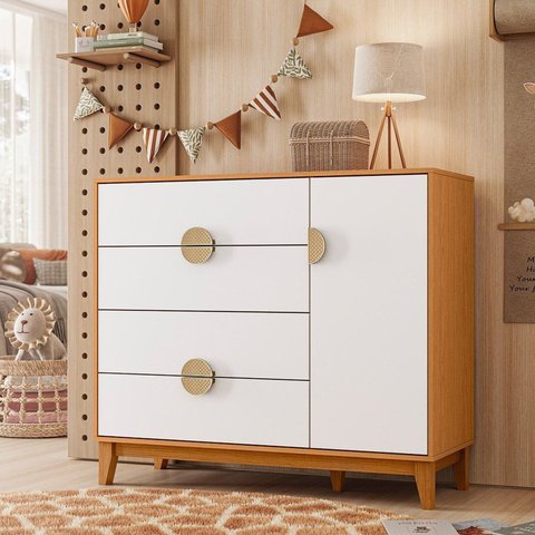 Cômoda Infantil 4 Gavetas e 1 Porta Kid em MDF Marrom/Cinamomo/Branco