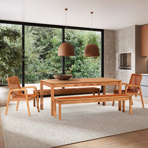 Conjunto com 2 Bancos, 2 Cadeiras com Braços e 1 Mesa 180cm Traço Laranja/Stain Jatobá/Ocre