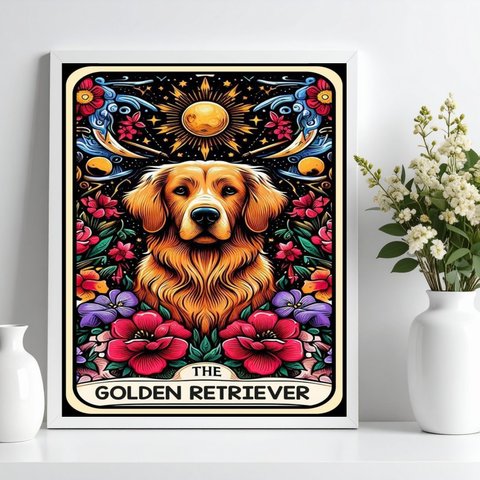 Quadro Carta Tarot - The Golden Retriever 24x18cm:moldura Branca