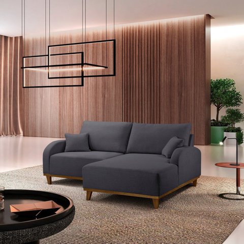 Sofá 2 Lugares com Chaise Lado Direito 185cm em Veludo Mercúrio Cinza Grafite