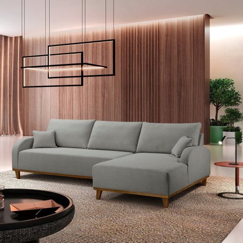 Sofá 3 Lugares com Chaise Lado Direito 250cm em Linho Mercúrio Cinza