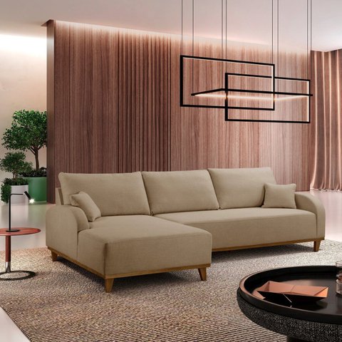 Sofá 3 Lugares com Chaise Lado Esquerdo 250cm em Linho Mercúrio Bege