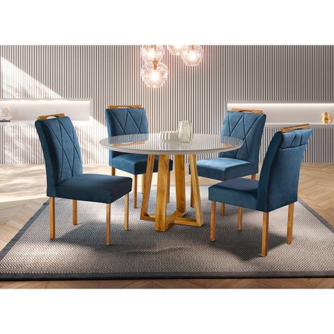 Conjunto Sala de Jantar 4 Lugares em Madeira Maciça Mesa Redonda 1,0m e 4 Cadeiras Azul Turquesa Esc
