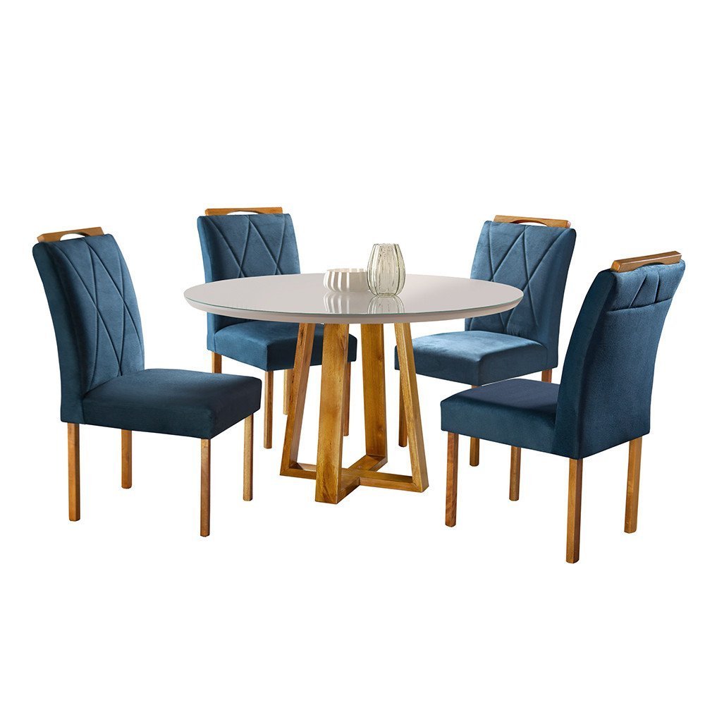 Conjunto Sala de Jantar 4 Lugares em Madeira Maciça Mesa Redonda 1,0m e 4 Cadeiras Azul Turquesa Esc - 2