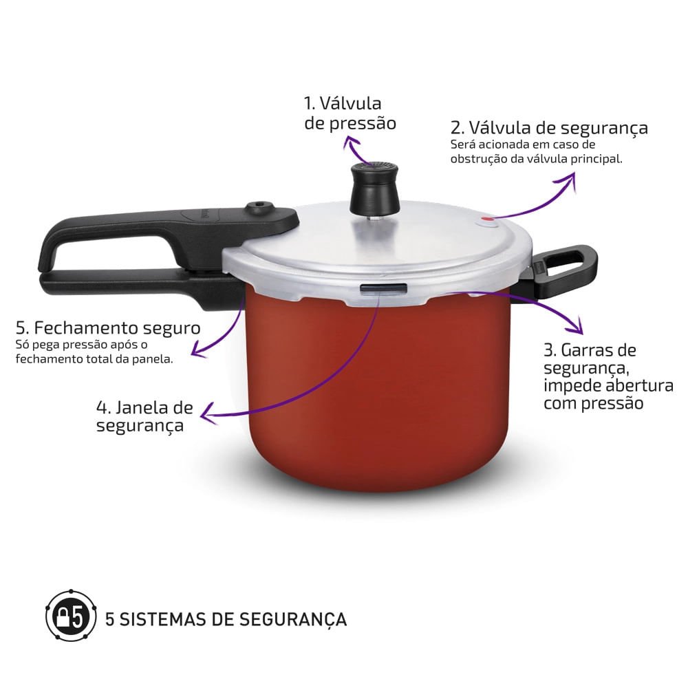 Panela de Pressão Rochedo Pratic Antiaderente Fechamento Externo Vermelha 4,5l - 2