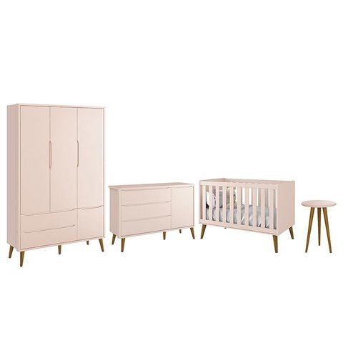 Dormitório Infantil Theo Retrô 3 Portas, Cômoda 1 Porta, Berço e Mesa de Apoio Rosa com Pés Amadeira