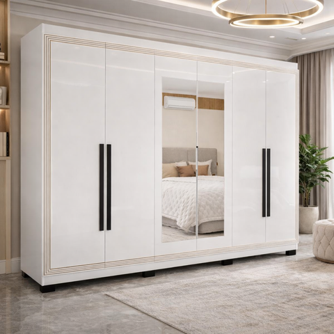 Guarda Roupa 6 Portas e 4 Gavetas com Espelho Valência Branco
