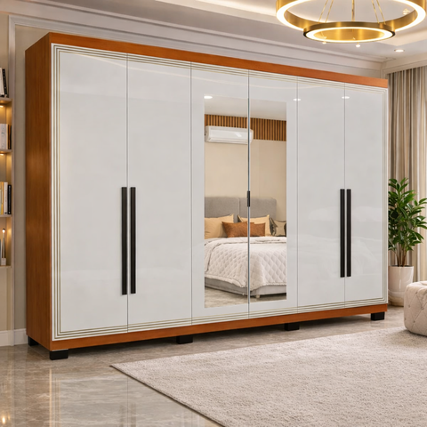 Guarda Roupa 6 Portas e 4 Gavetas com Espelho Valência Branco/Freijó