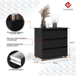 Mesa de Cabeceira Mini Cômoda 3 Gavetas para Quarto:preto - 2