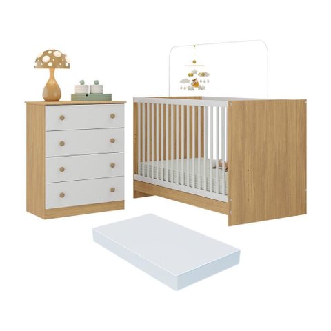 Berço 3 em 1 com Colchão Incluso e Cômoda 4 Gavetas Brisa Multimóveis Mp4775 Madeirado/branco