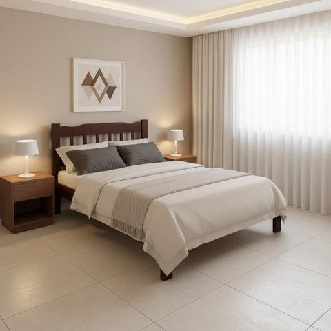 Cama Casal com Colchão em Madeira Maciça Perola Castanho