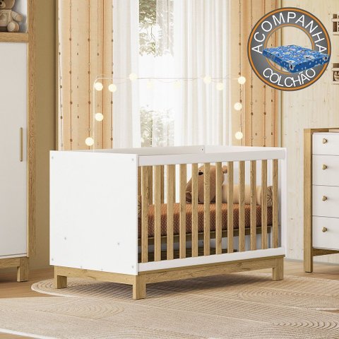 Berço Mini Cama Qencanto Slim 4315 Branco com Grade Freijó Qmovi + Colchão Ortobom