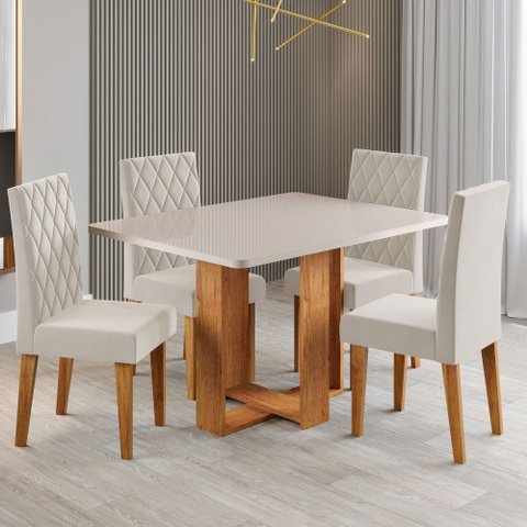 Mesa de Jantar 4 Lugares Afrodite com Vidro Mel/off White/veludo Pastel - Viero Móveis