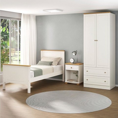 Conjunto Cama Solteiro Guarda-Roupa 2 Portas Mesa de Cabeceira Ananda CabeCasa MadeiraOriginals Bege