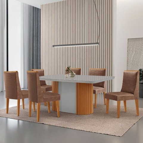 Mesa de Jantar Aspen 180cm Tampo Mdf Vidro com 6 Cadeiras Lisboa Moderna Mobília