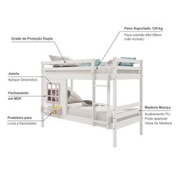 Beliche Infantil com Janela Madeira Maciça Branco/ Rosa Housin - 3