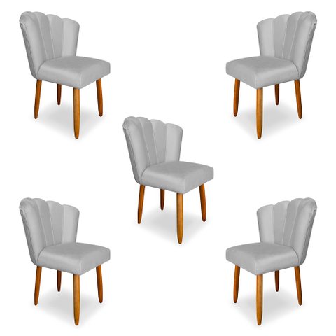 Kit 5 Cadeiras de Jantar Pétala Estofada Pés Palito Veludo Cinza - Montanaris Decor