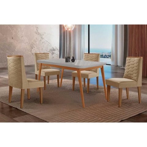 Sala Jantar Mesa Havana Tampo C/ Vidro Curvo 120cm+4 Cadeiras Dafne Madeira Naturale/off White -