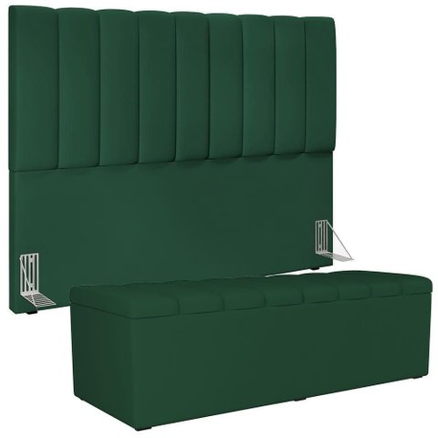 Kit Cabeceira Cama Box Casal King 195cm com Calçadeira Baú Dália W01 Suede Verde Musgo - Lyam