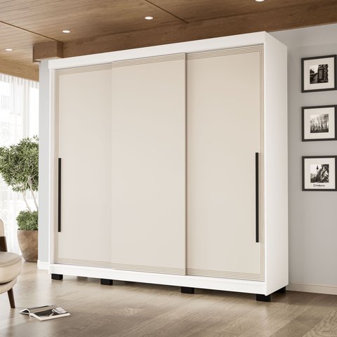 Guarda-Roupa 3 Portas de Correr 4 Gavetas Valência Bege/Branco/Creme