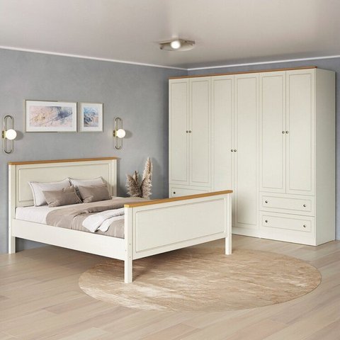 Conjunto Cama Queen Guarda-Roupa 6 Portas Ananda CabeCasa MadeiraOriginals Bege/Off White/Mel