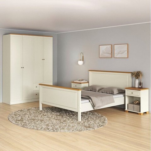 Conjunto Cama Queen Guarda-Roupa 4 Portas 2 Mesas de Cabeceira Ananda CabeCasa MadeiraOriginals Bege/Off White/Mel