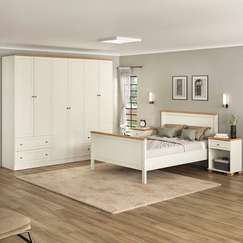 Conjunto Cama Casal, Guarda-Roupa 6 Portas 2 Mesas de Cabeceira Ananda CabeCasa MadeiraOriginals Bege/Off White/Mel