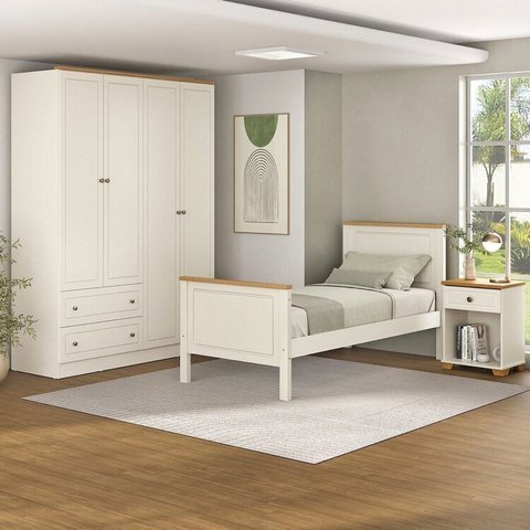 Conjunto Cama Solteiro, Guarda-Roupa 4 Portas e 1 Mesa de Cabeceira Ananda CabeCasa MadeiraOriginals Bege/Off White/Mel