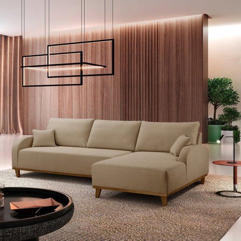 Sofá 4 Lugares com Chaise Lado Direito 300cm em Linho Mercúrio Bege