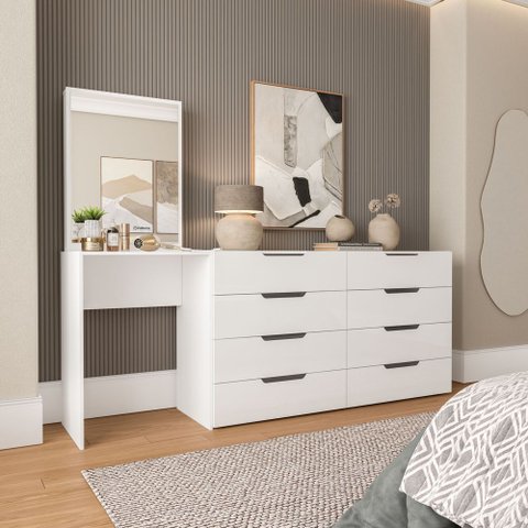 Conjunto Cômoda Penteadeira com Espelho 8 Gavetas 209cm Madrid Politorno Móveis