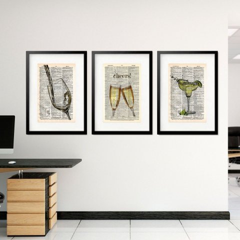 Kit 3 Quadros Grandes Bebidas 60x48cm:moldura Preta