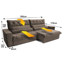 Sofá Retrátil/reclinável França 300cm Suede Velut com Molas no Assento - King House - 3