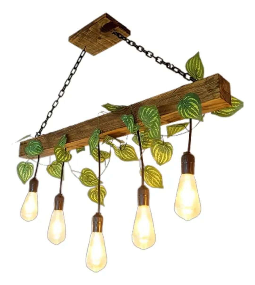 Lustre de Madeira Rústico com Corrente e Folhagem – Luminária Pendente ...